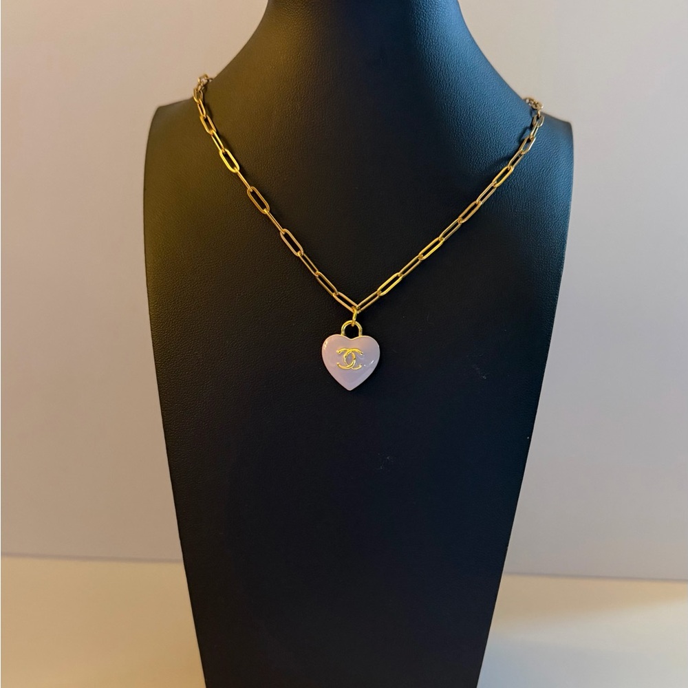 Gold Chain Necklace with Light Purple Heart Pendant CC Logo